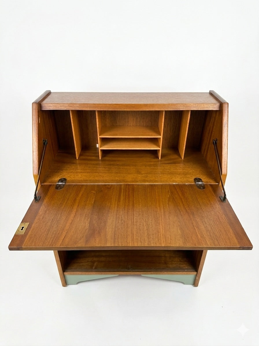 Wooden desk with a raised panel on a white background
