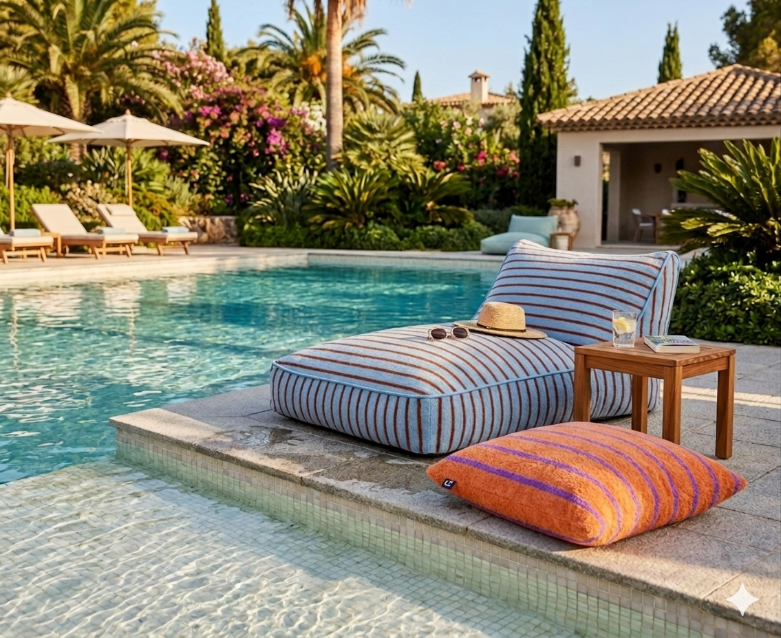 Striped sun lounge bed and terry towelling oversized outdoor cushion by a poolside with garden on summer day
