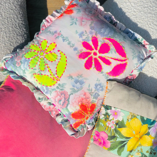 Upcycled Vintage Floral Frill Cushion